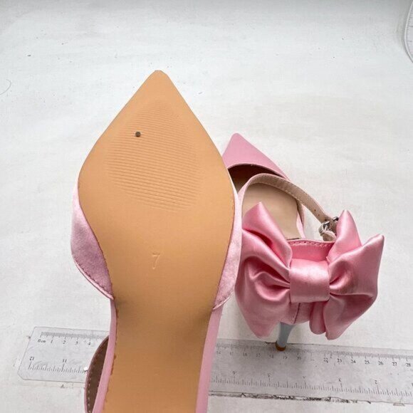 XYD Light Pink Graceful Low Heel D'Orsay Back Bow Ankle Strap Pointed Toe Pumps - Picture 6 of 8
